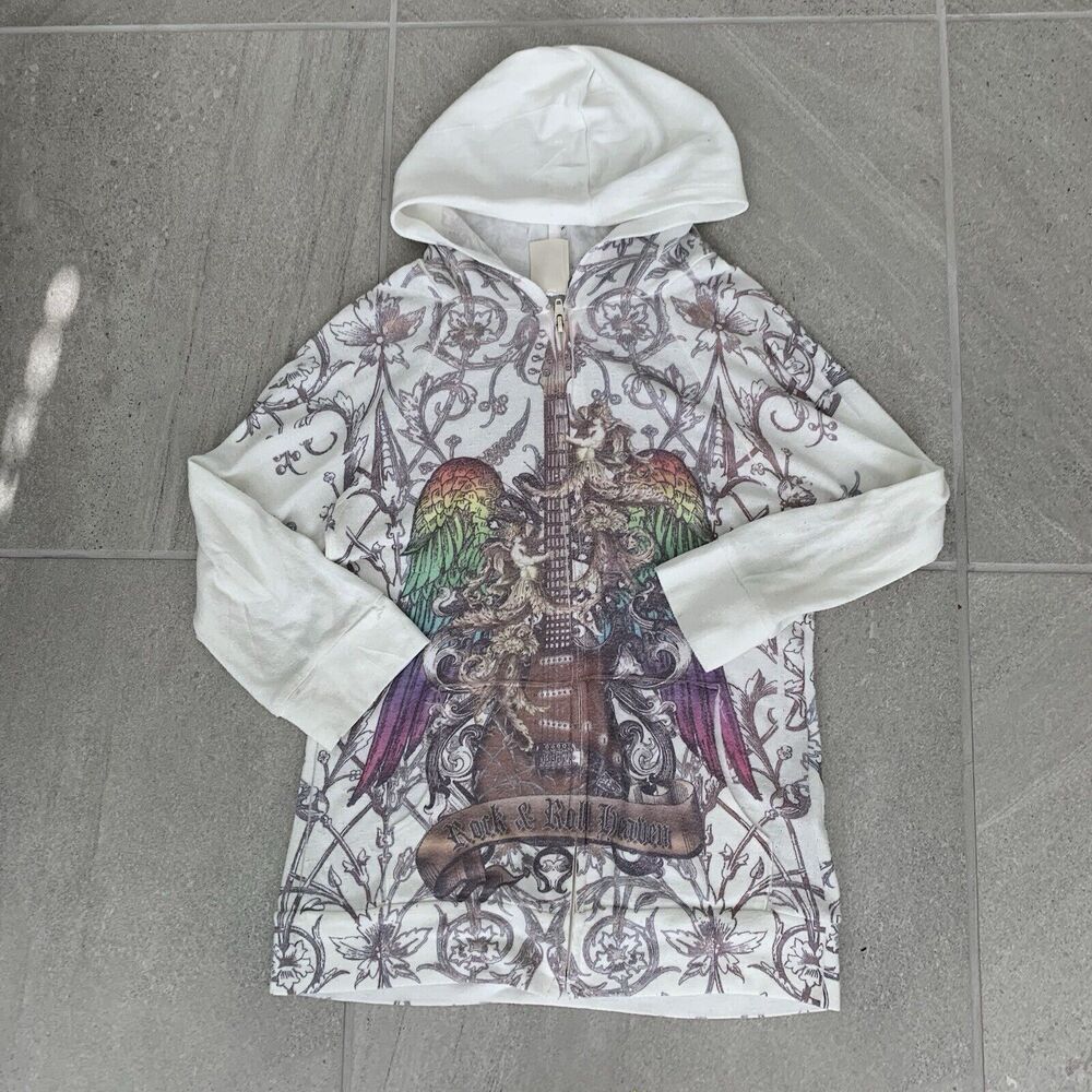 Y2K White Hoodie Emo Rainbow Guitar Graphic Art Size M